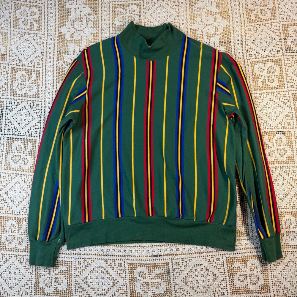 Vtg Aileen 80s Mock Neck Longsleeve Shirt Green Colorblock Vertical Stripe USA M